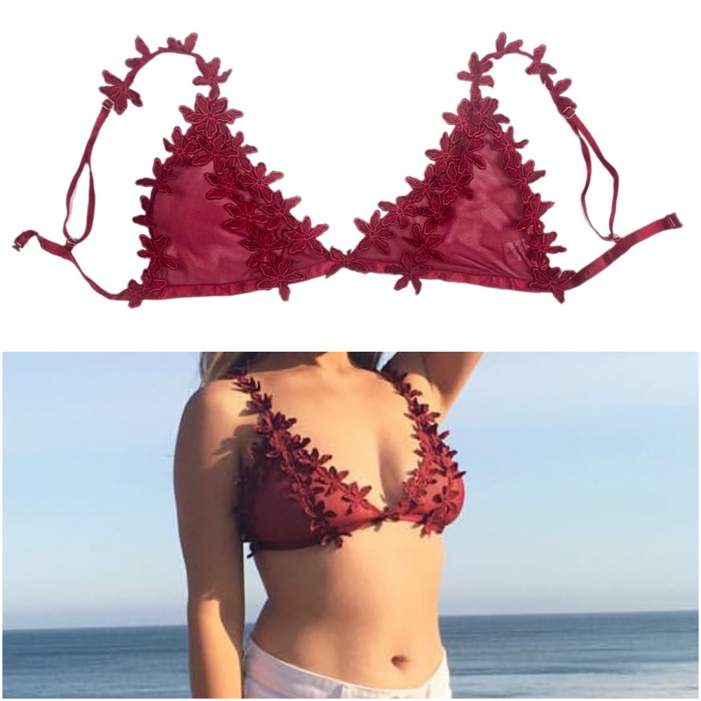 Maroon Red Mesh flower triangle bralette bandeau boho festivals beach